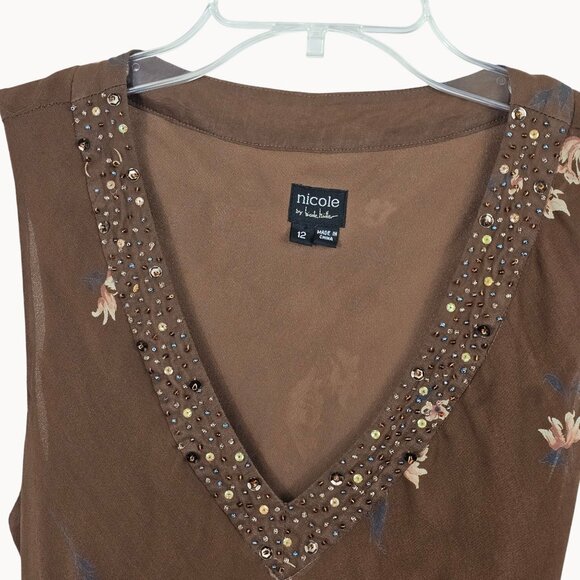 Fairy Cottage Core Dress Frilled Layer Midi Silk Brown Floral 12 Nicole Miller - Picture 9 of 16